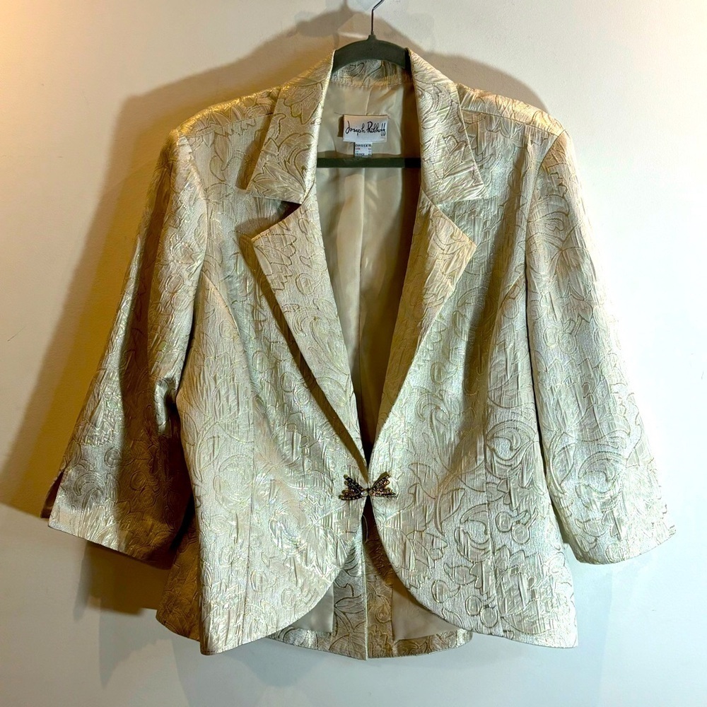 JOSEPH RIBKOFF Sz 16 Blazer 3/4 Sleeves Party Event Metallic Gold Threads Lined